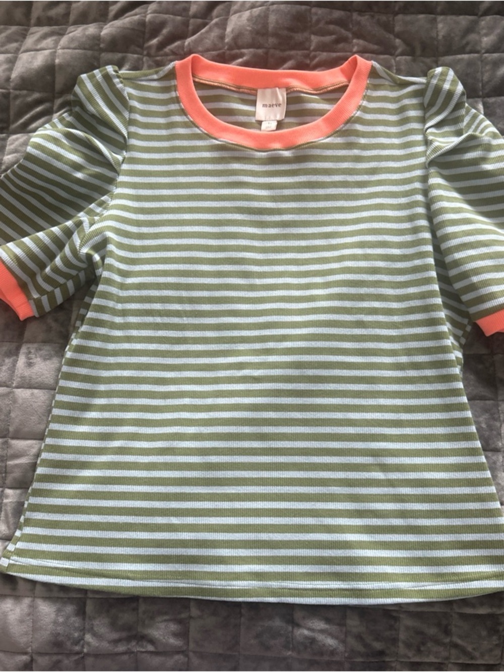 Maeve Women’s Green Stripe Short Sleeve Top with Coral Trim